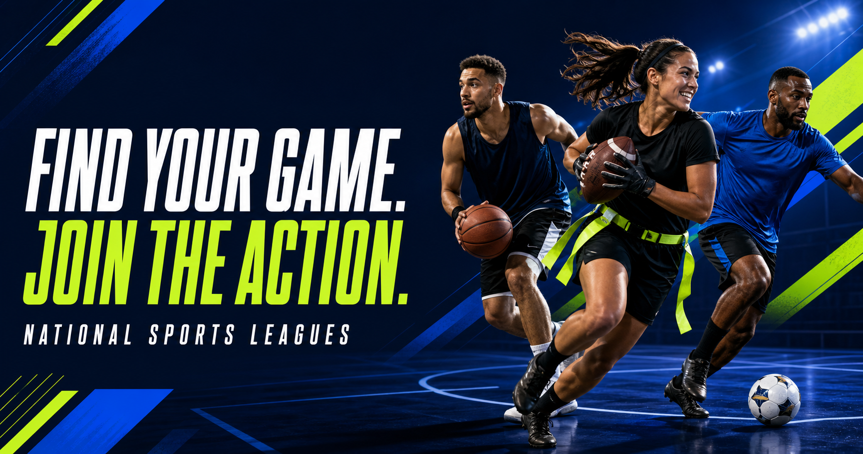 Adult basketball, flag football, and soccer players in action